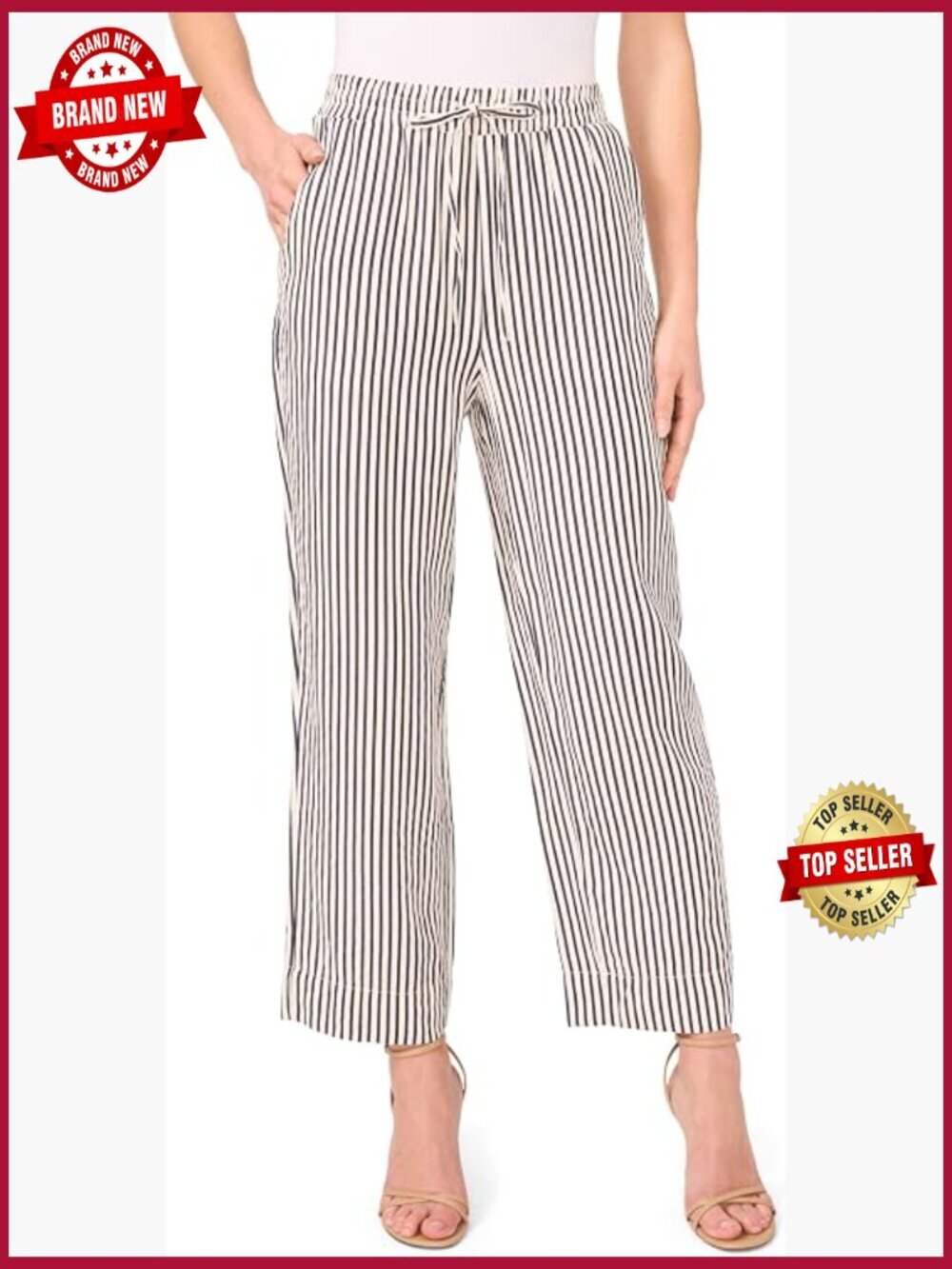 Striped Straight Leg Pull On Pants Mid Rise Fitted Cotton Twill